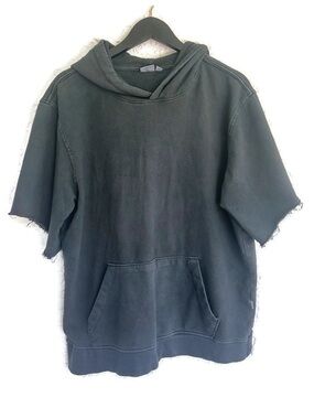 Onia Men’s Pullover Raw Cut-Off Short Sleeve Hoodie Size Large Charcoal Black